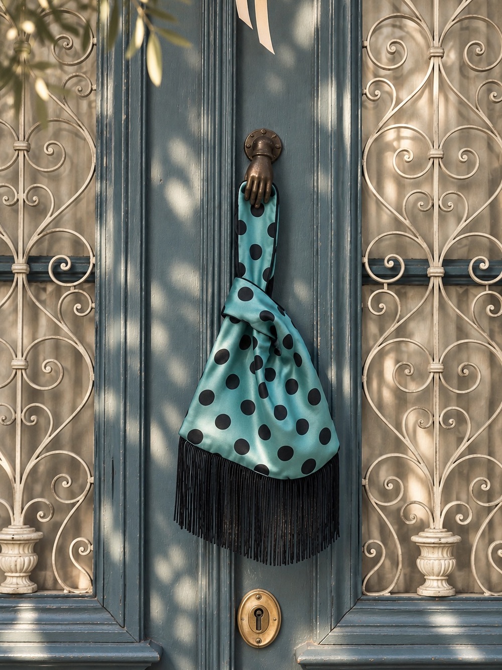 Teal Polka Dot Door Hanging Bag with Black Fringe